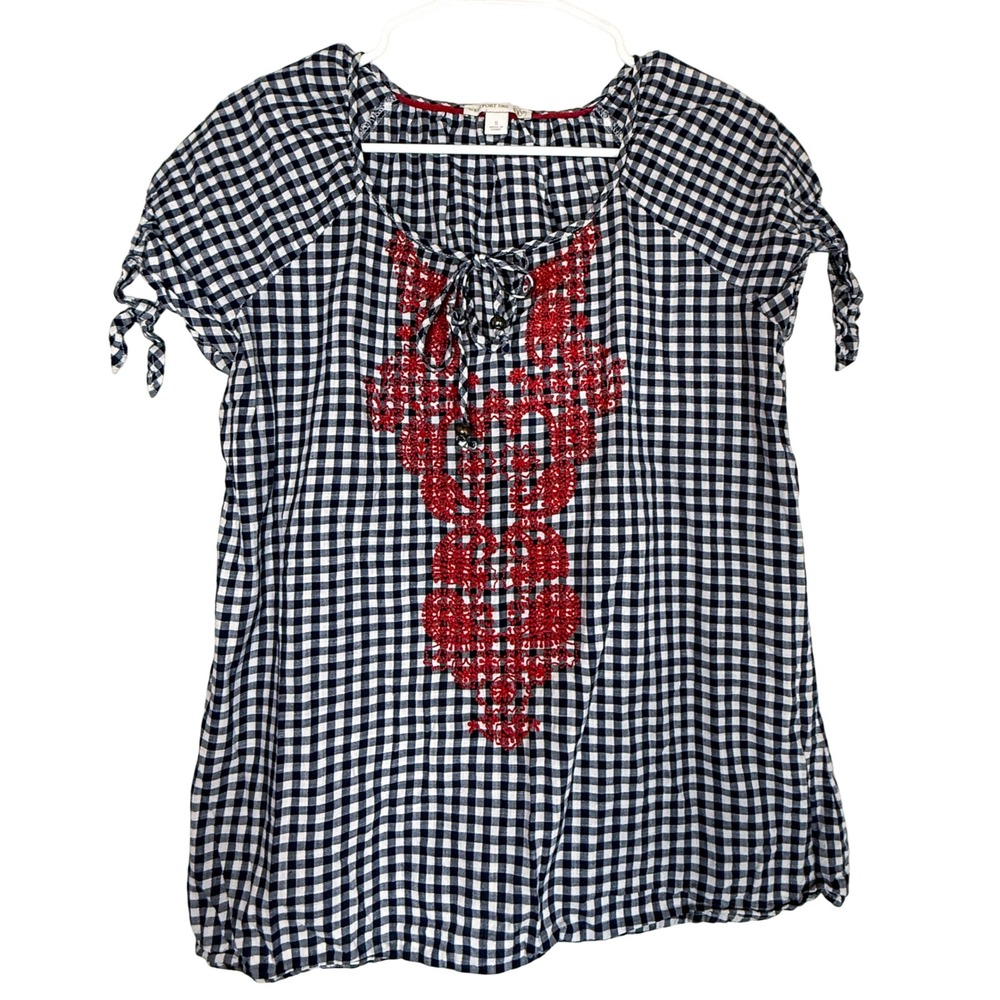Westport 1962 Gingham Embroidered Peasant Top Small Navy Red Boho Cottagecore